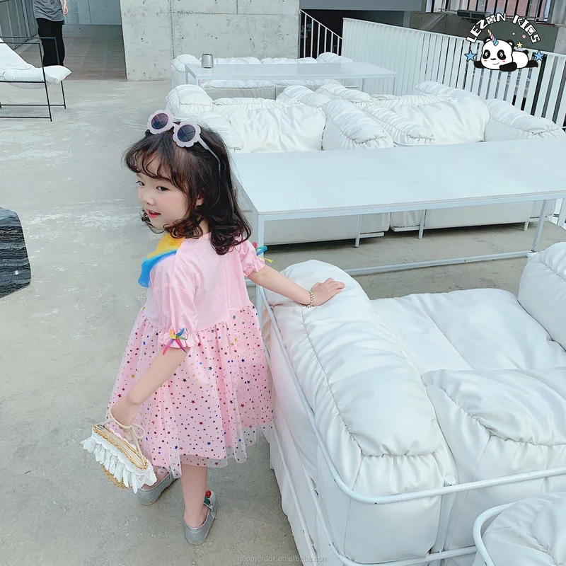 LEZONKIDS - 2023 New Summer Rainbow Clouds Rainbow Colors Stars Mesh Dress  Girl Dresses For Kids